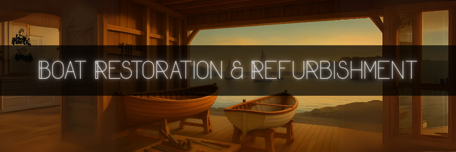 Realistic painting of a serene wooden boat workshop at sunset, featuring handcrafted rowboats under construction, detailed woodworking tools on a bench, and sailboats gliding across a calm lake—symbolizing craftsmanship, restoration, and the peaceful spirit of boatbuilding.