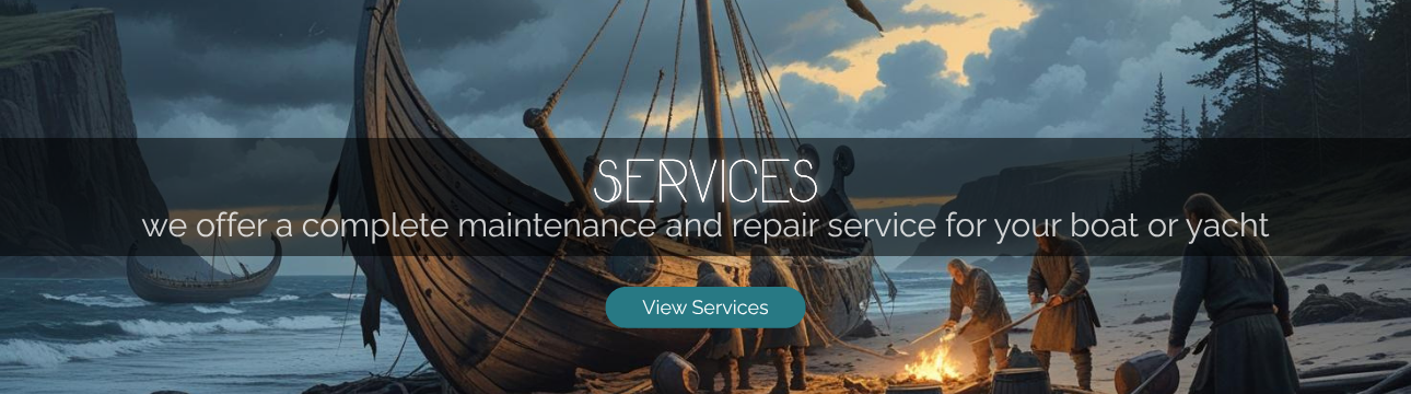 Viking craftsmen repairing a wooden longship on a beach at sunset, symbolizing expert boat and yacht maintenance services by Njord Craft.