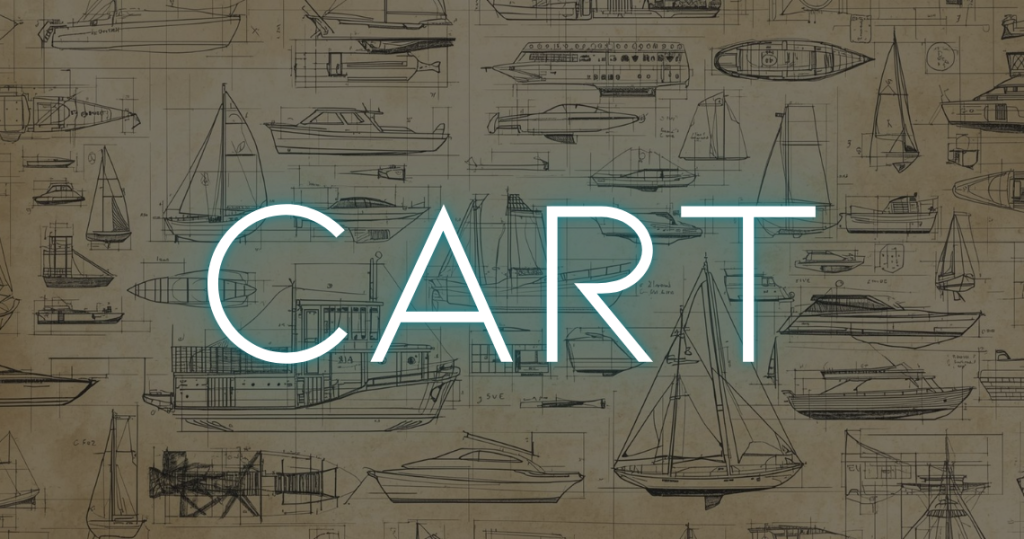 Njord Craft shopping cart page illustration with old browned boat plan drawings in the background and large neon ‘Cart’ text overlay.