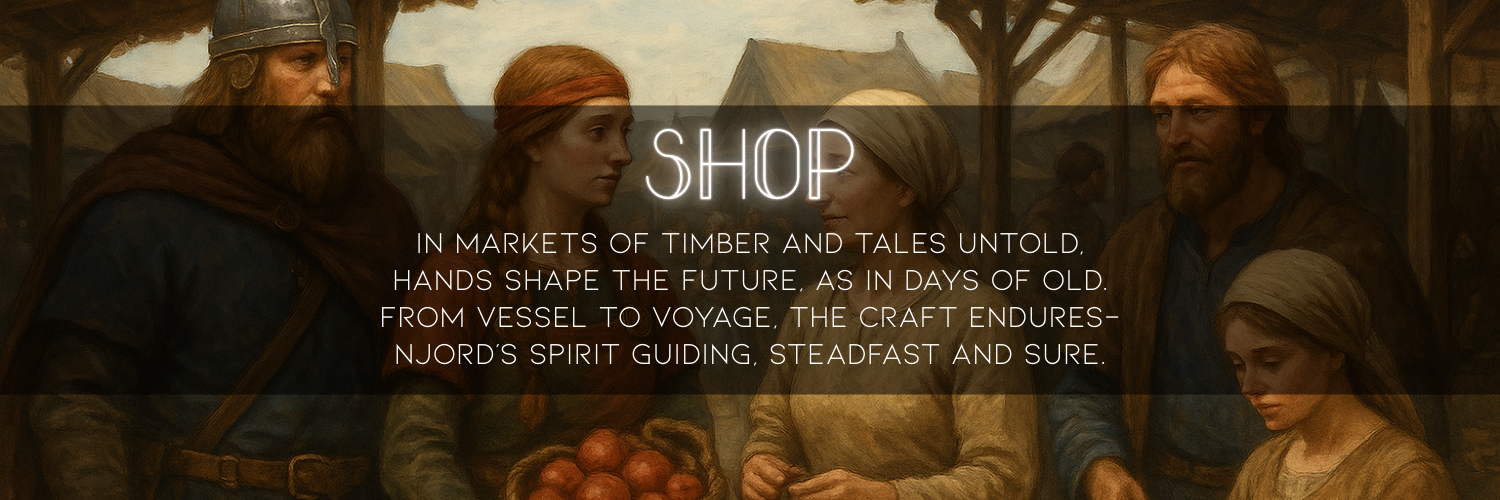 Boat Design Plans Shop page image. This image contains a background of vikings and citizens at a market. The heading of this image says "shop" in neon writing. Underneath the heading is a poem that reads "In markets of timber and tales untold, hands shape the future, as in days of old. From vessel to voyage, the craft endures - Njord's spirit guiding, steadfast and sure."
